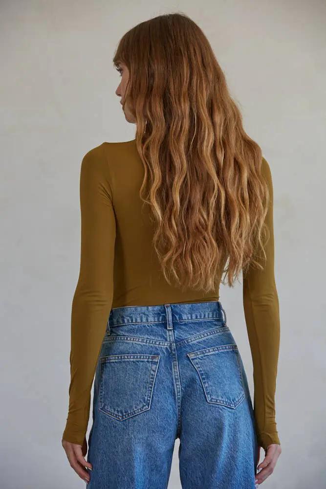 By Together Knit Seamless Turtle Neck Long Sleeve Bodysuit in Olive Gold - Bodysuits