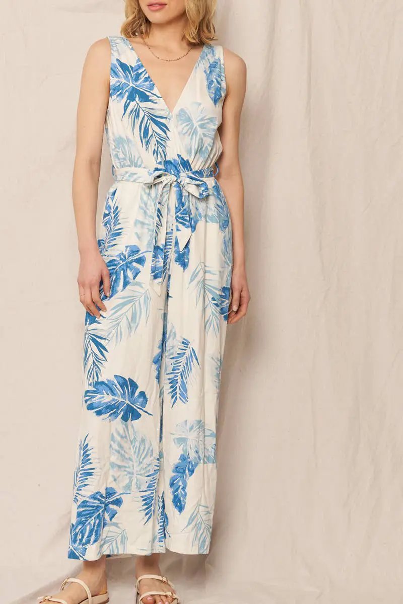 En Crème En Crème Sleeveless Tropical Print Jumpsuit with Belt - One-Pieces sleeveless tropical print jumpsuit
