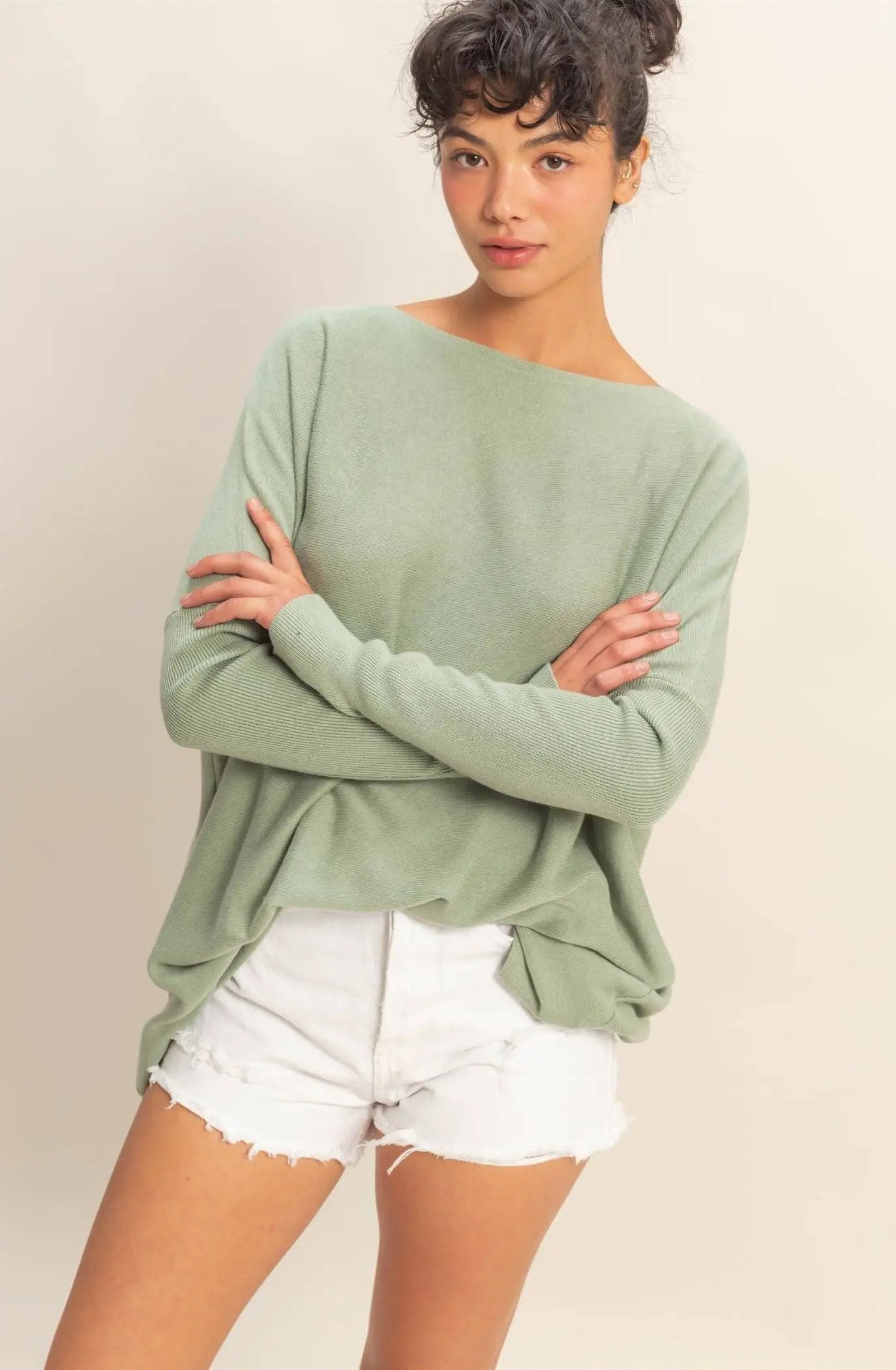 HYFVE HYFVE - Soft Sage Boat Neck Batwing Sweater - Shirts