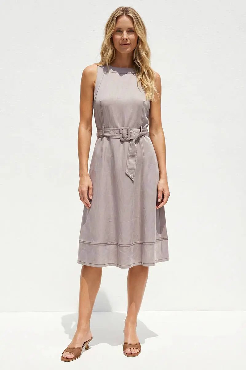 Naked Zebra The Contrast Stitch Sleeveless Belted Midi Dress: RED BEAN - Dresses