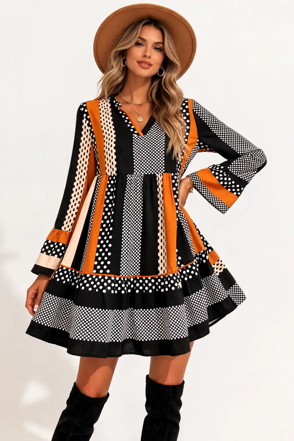 Grateful Threads Boutique Polka Dot Mini Dress – Black Striped Ruffle Hem Statement - Dresses
