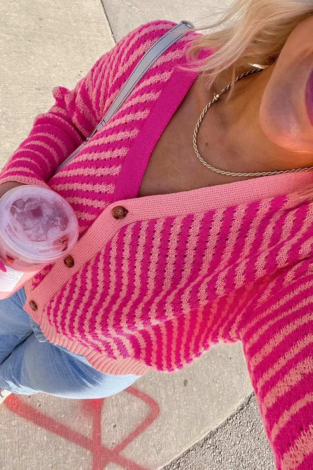 Grateful Threads Boutique Sunset Sorbet Buttoned Cardigan - Cardigans Pink Striped Buttoned V Neck Drop Shoulder Cardigan