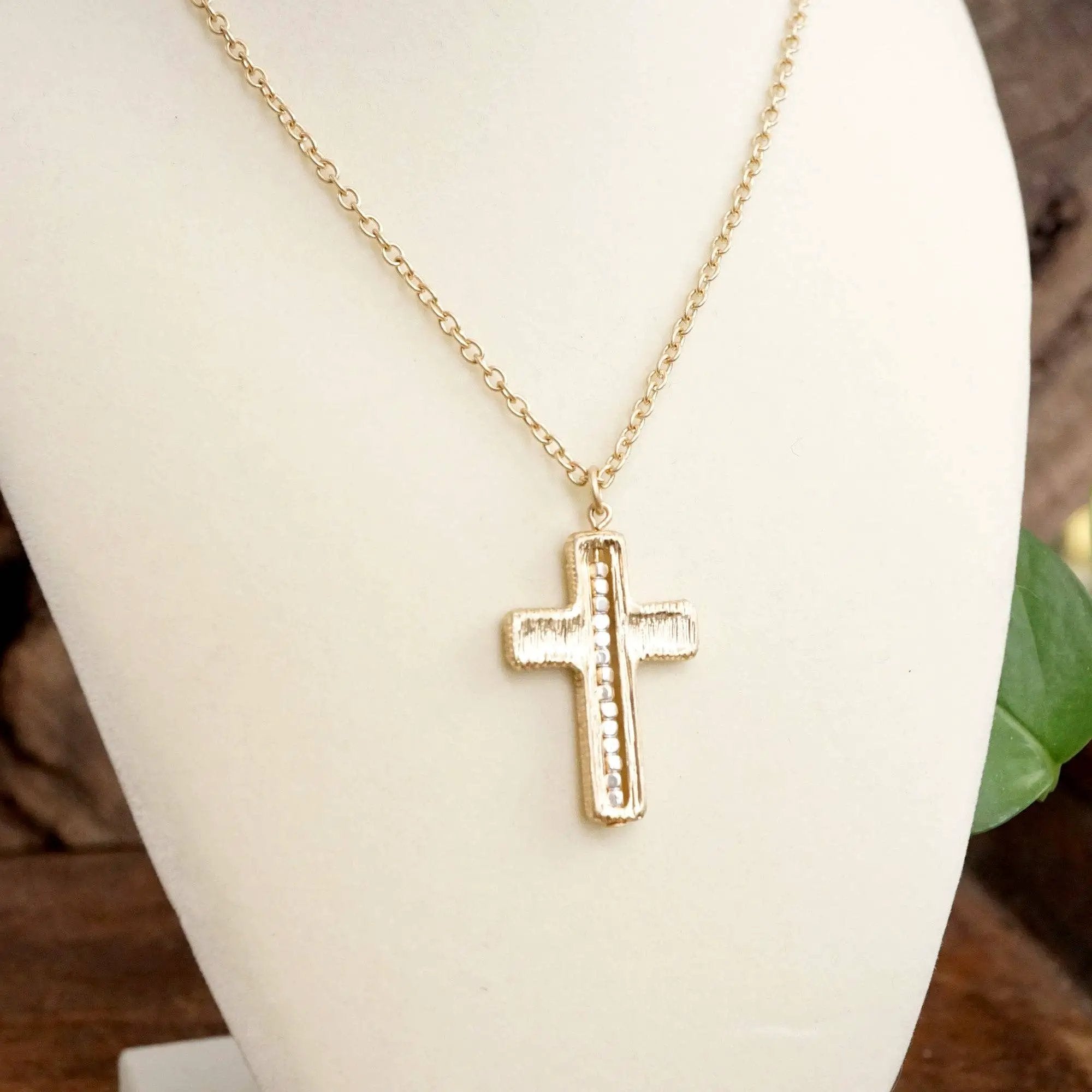PennyLine inc The Dainty Beaded Cross Chain Necklace: Gold - Jewelry dainty cross chain necklace