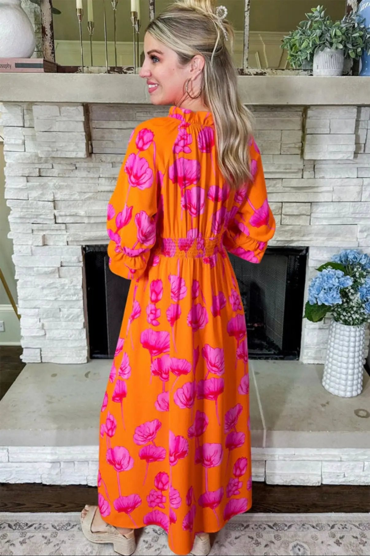 Grateful Threads Boutique Orange Floral Print Frilly Smocked V Neck 3/4 Sleeve Long Dress - Dresses Orange Floral Print Frilly Smocked V Neck 3/4 Sleeve Long Dress