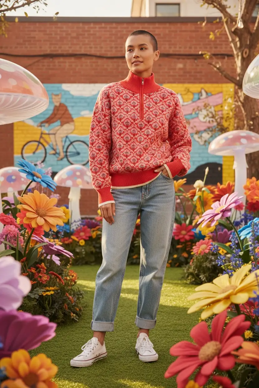 &MERCI &merci - Amber Glow Floral Half-Zip Mock Neck Pullover - Sweaters