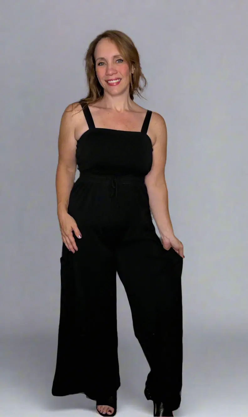 Grateful Threads Boutique Black Drawstring Wide Leg Cargo Pockets Sleeveless Jumpsuit - One-Pieces Black Drawstring Wide Leg Cargo Pockets Sleeveless Jumpsuit