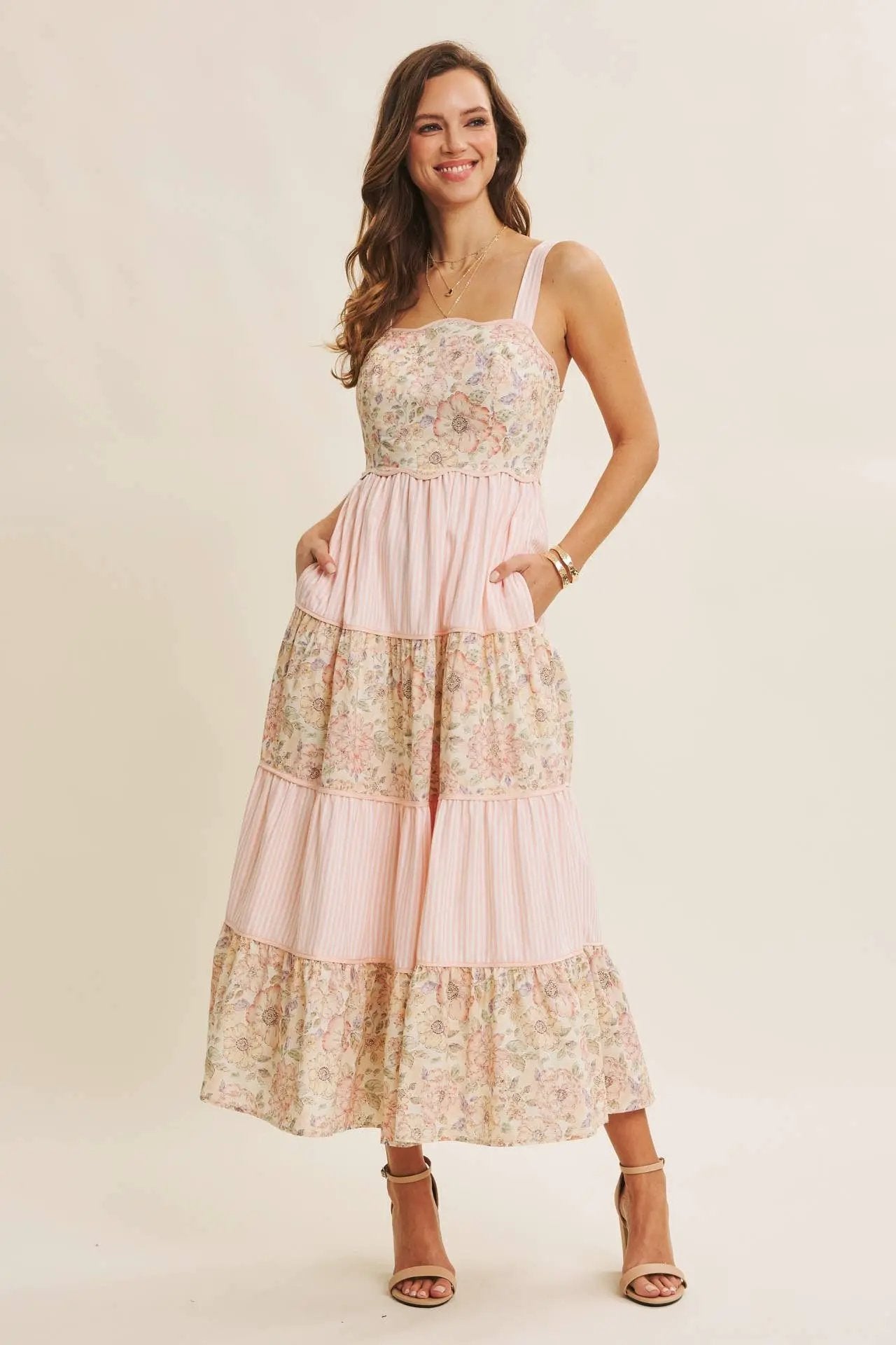 in february The Dreamy Tiered Patchwork Midi Dress: Peach Multi - Dresses