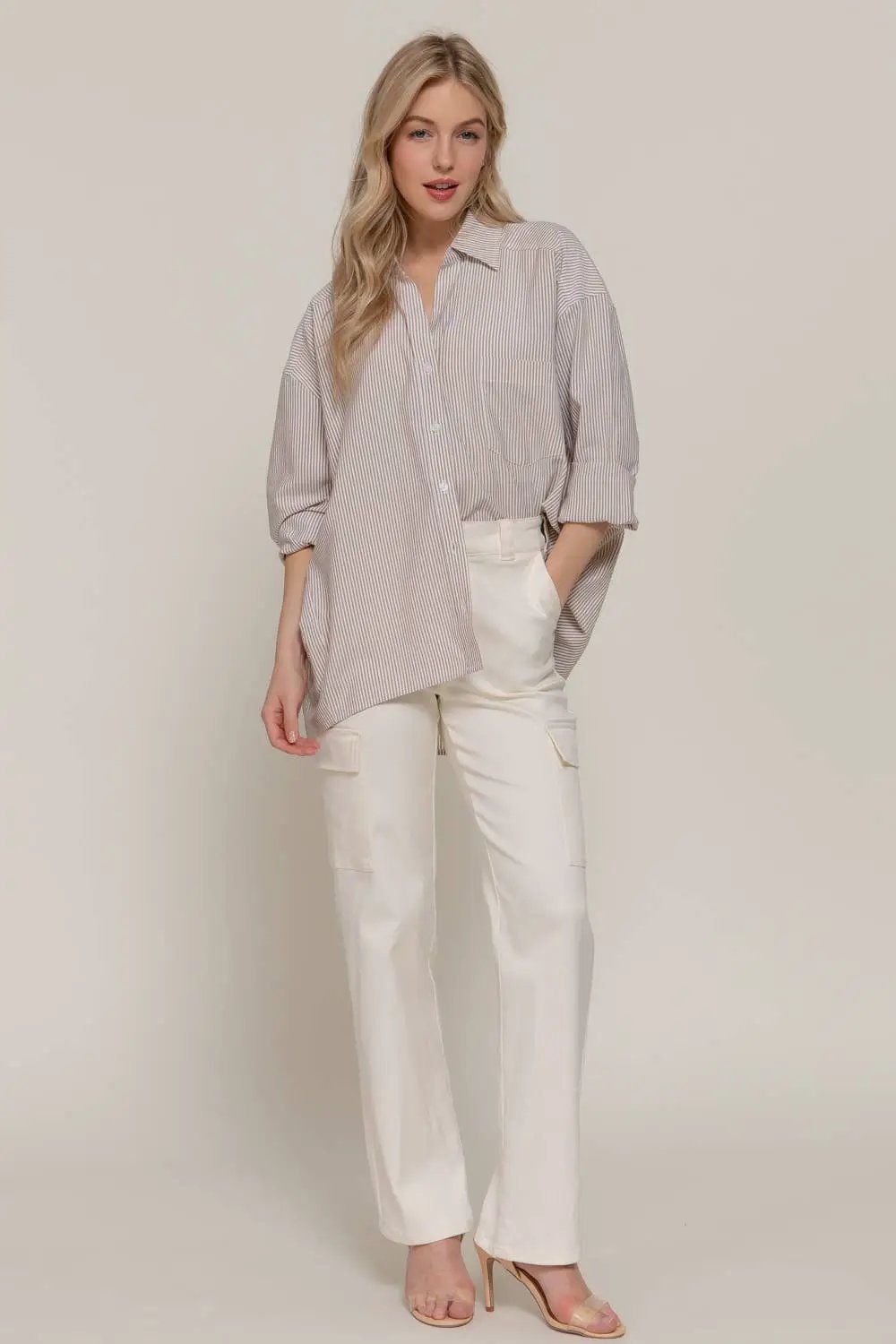 Active Basic | Active USA Active Basic | Active USA - Long Dolman Sleeve Oversized Stripe Button Up Collared Shirt: Khaki/Off White - Clothing Tops
