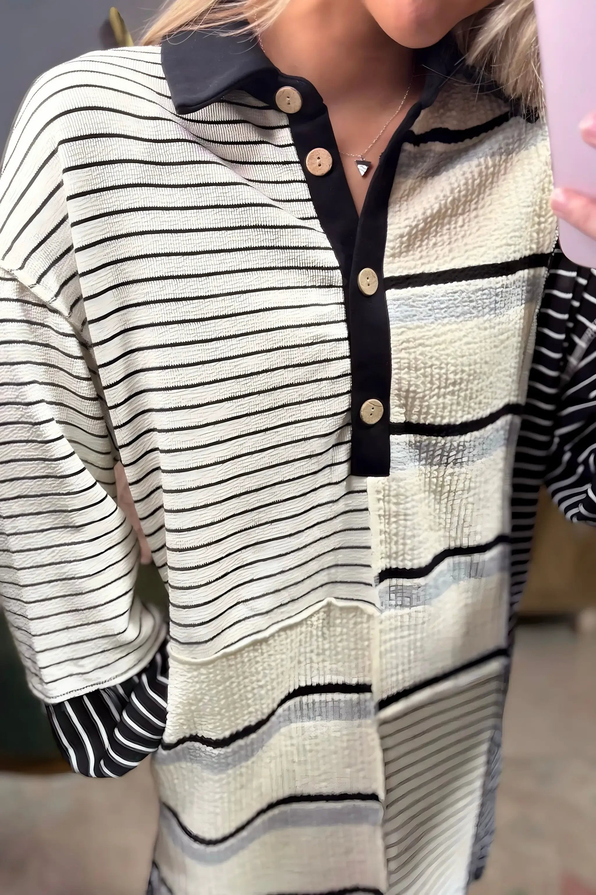 Grateful Threads Boutique City Stripe Collared Henley Dress - Dresses Black Stripe Colorblock Knit Henley Collar Shift Long Sleeve Mini Dress