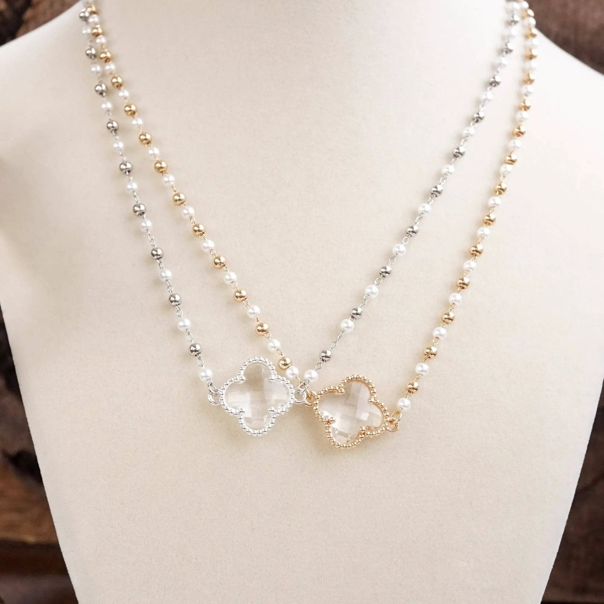 PennyLine inc The Pearled Clover Pendant Beaded Necklace: Silver - Necklaces