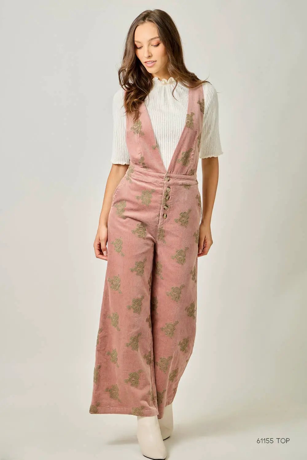Mystree The Blushing Beauty Embroidered Corduroy Jumpsuit - One-Pieces