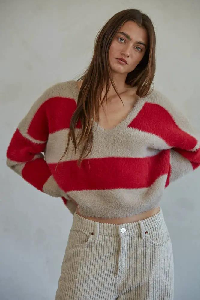 By Together Knit Sweater Nylon Polyester Striped V-Neck Pullover in Red & Taupe Stripe - Sweaters Knit Sweater Nylon Polyester Striped V-Neck Pullover
