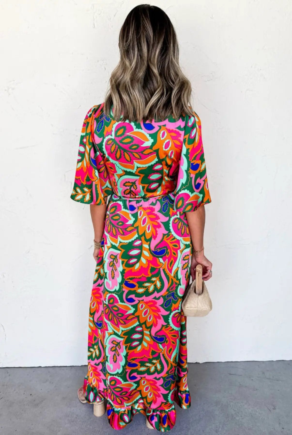 Grateful Threads Boutique Rose Summer Plant Print Surpliced V-Neck Ruffled Asymmetric Slit Short Sleeve Maxi Dress - Dresses