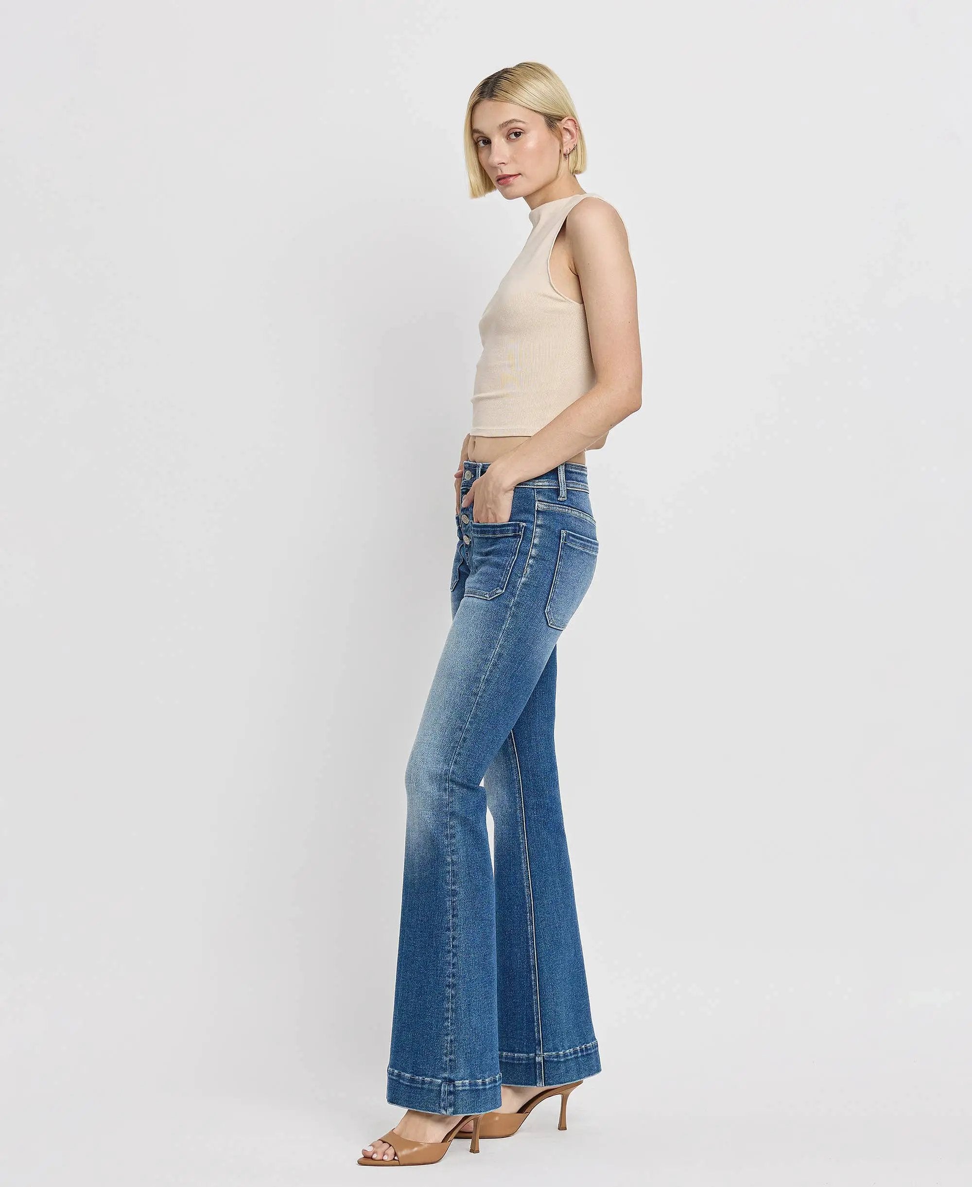 VERVET by FLYING MONKEY Mid Rise Trouser Hem Flare Jeans - Jeans
