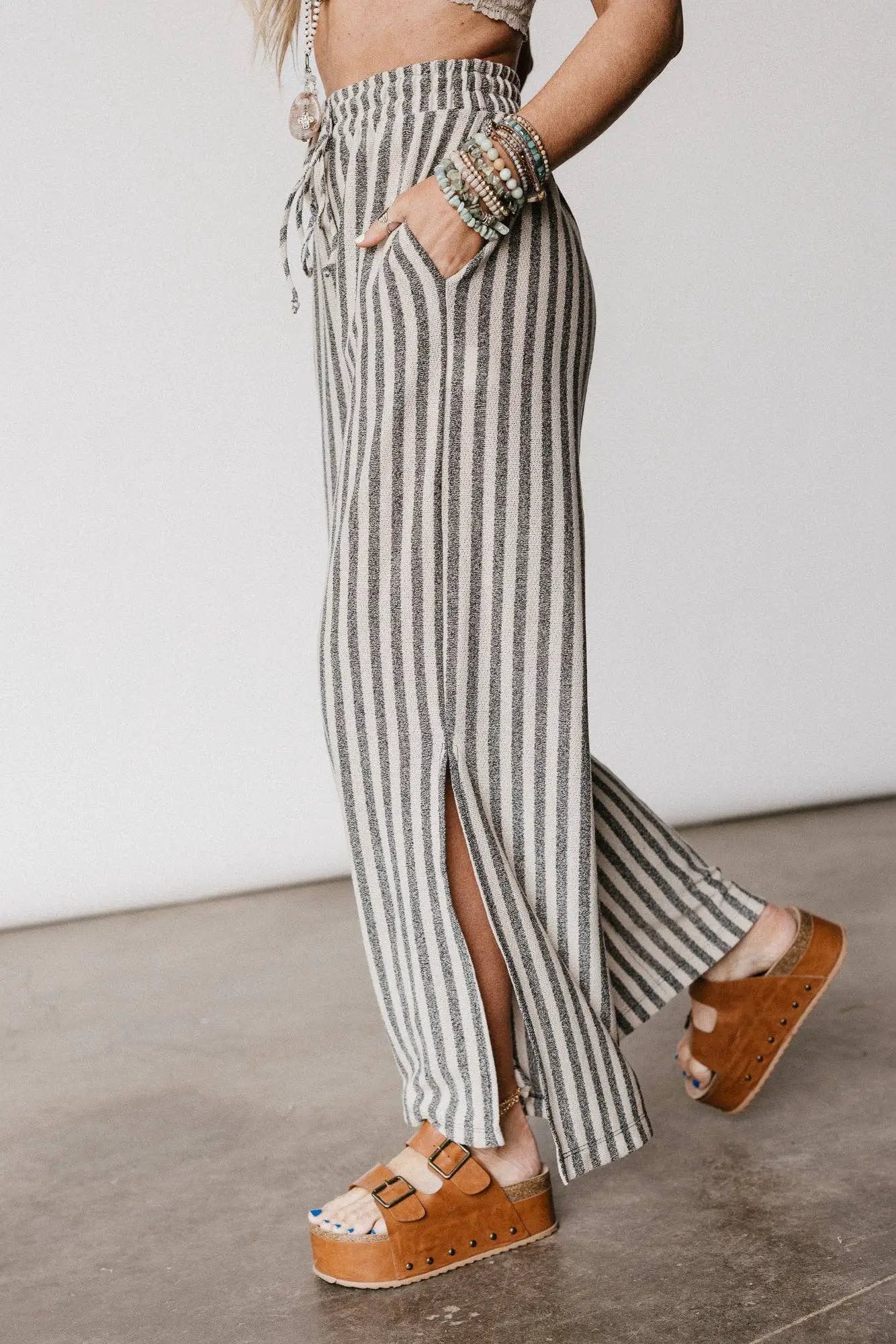 Three Bird Nest Three Bird Nest - Ibiza Breeze Drawstring Pants - Taupe & Black - Trousers bottoms-pants