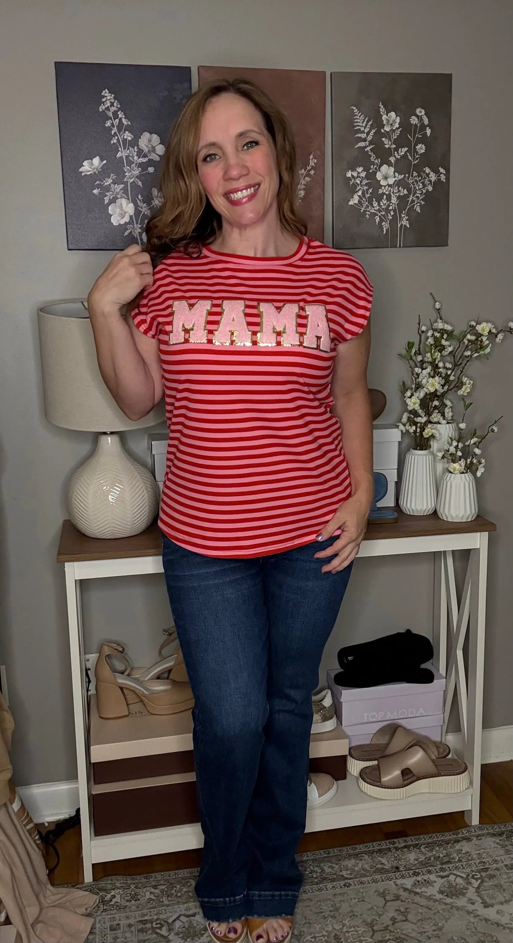 Grateful Threads Boutique Red Stripe MAMA Graphic Cap Sleeve T Shirt - T-Shirts Red Stripe MAMA Graphic Cap Sleeve T Shirt