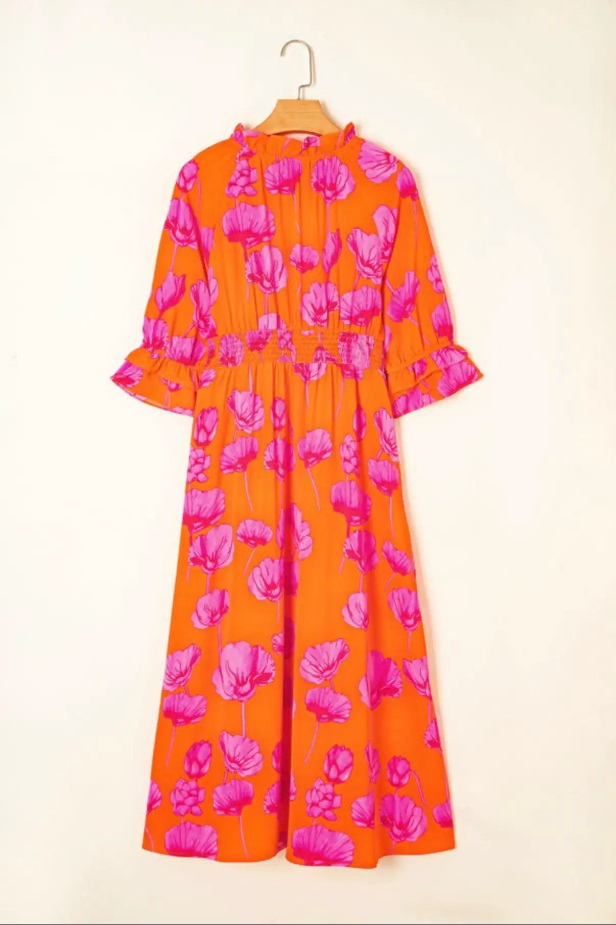 Grateful Threads Boutique Orange Floral Print Frilly Smocked V Neck 3/4 Sleeve Long Dress - Dresses Orange Floral Print Frilly Smocked V Neck 3/4 Sleeve Long Dress
