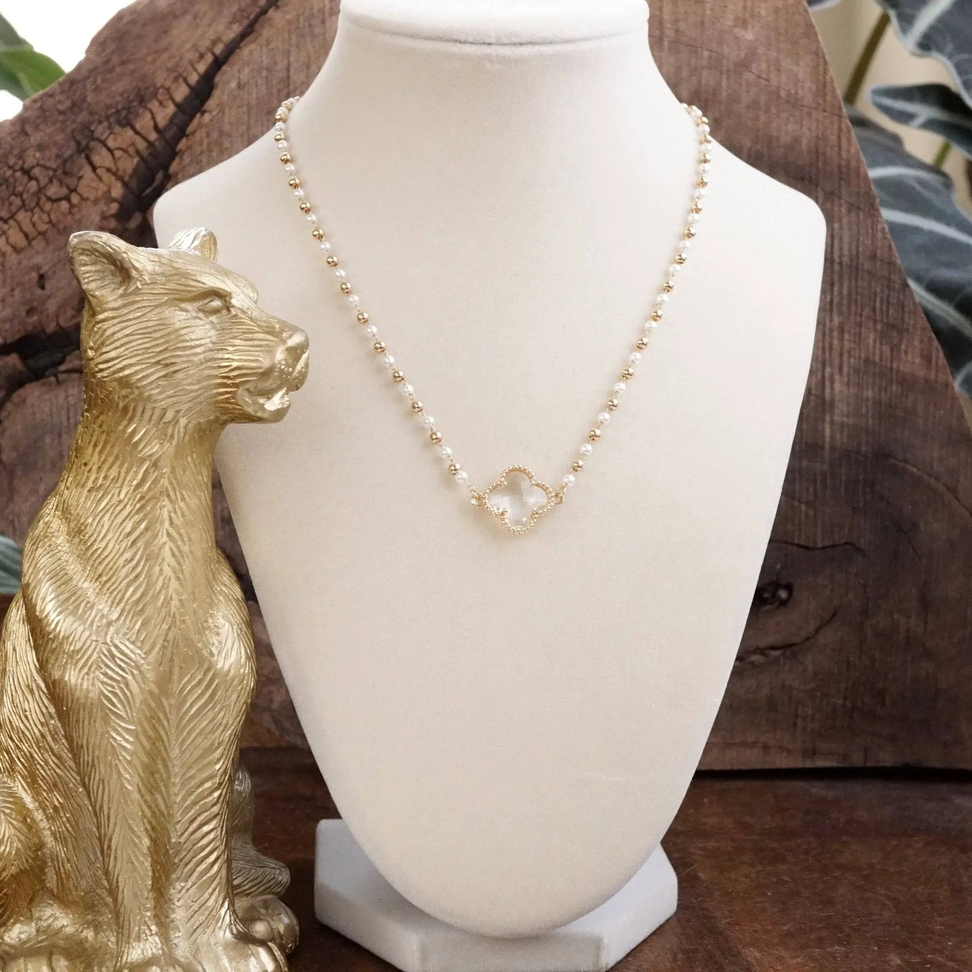 PennyLine inc The Pearled Clover Pendant Beaded Necklace: Gold - Necklaces