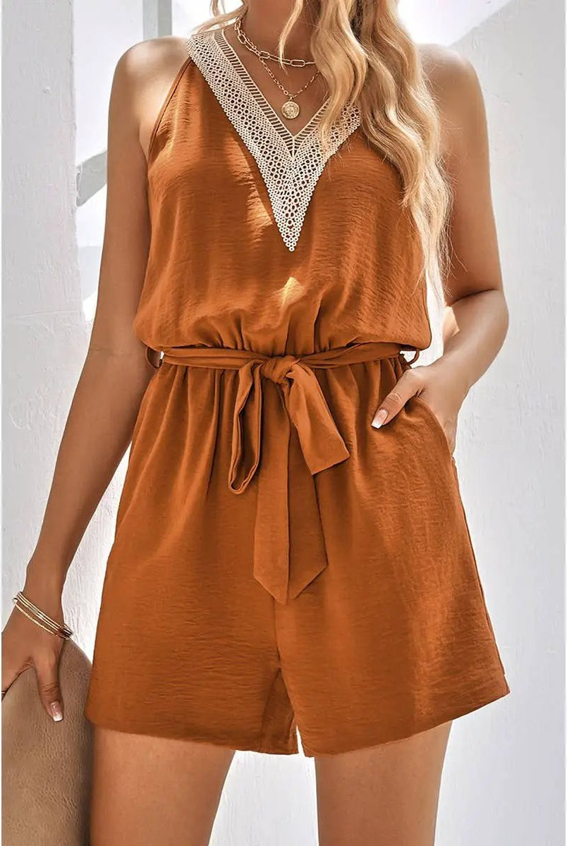 Supreme Fashion Lace Trim V Neck Sleeveless Tank Romper - One-Pieces Lace Trim V Neck Sleeveless Tank Romper