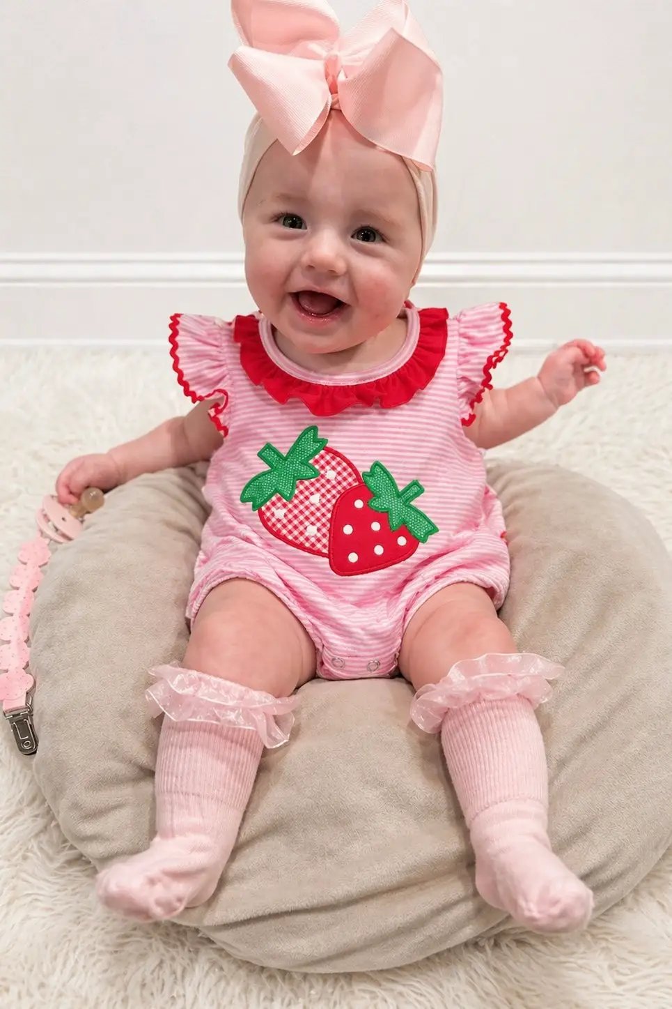 Marie Nicole Clothing Marie Nicole Clothing - Strawberry Twins Striped Embroidered Cotton Ruffle Bubble Romper - Baby One-Pieces