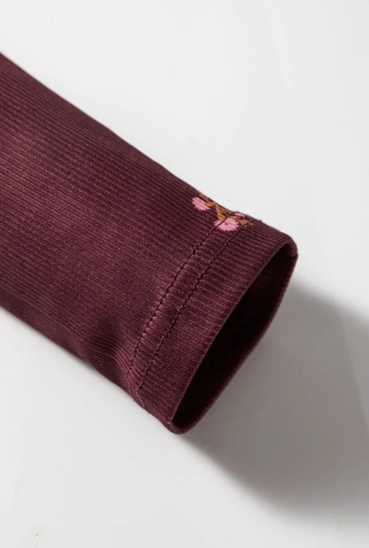 Grateful Threads Boutique Burgundy Notched Neck Floral Print Ribbed Long Sleeve Top - Sweaters Burgundy Notched Neck Floral Print Ribbed Long Sleeve Top