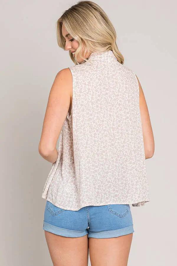 Cerule Ditsy Floral Button Up Sleeveless Ruffle Tiered Woven Shirt - Shirts