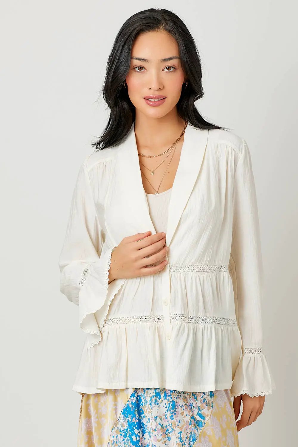 Mystree The Whispering Willow Tiered Lace Button-Down Blazer - Blouses