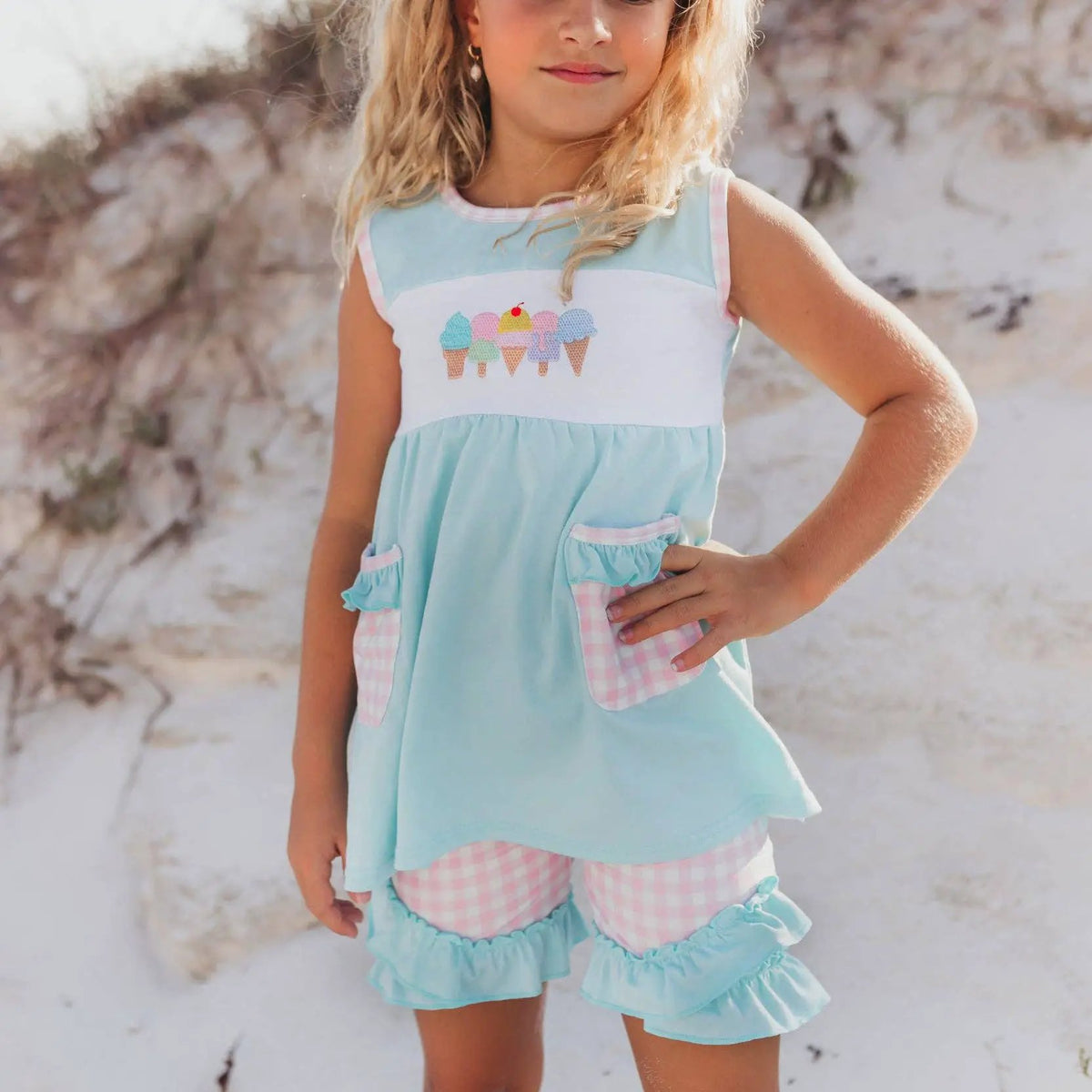 Adorable Sweetness Kids Pastel Ice Cream Gingham Ruffle Spring Summer Short Set - Outfit Sets