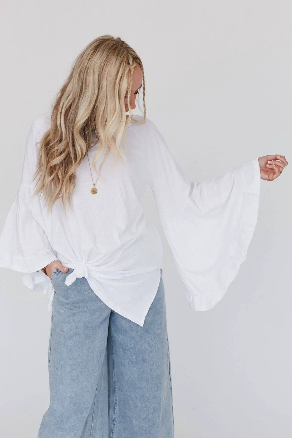 Three Bird Nest Three Bird Nest - Bell Sleeve Baseball Tee - White - Blouses tops-blouses
