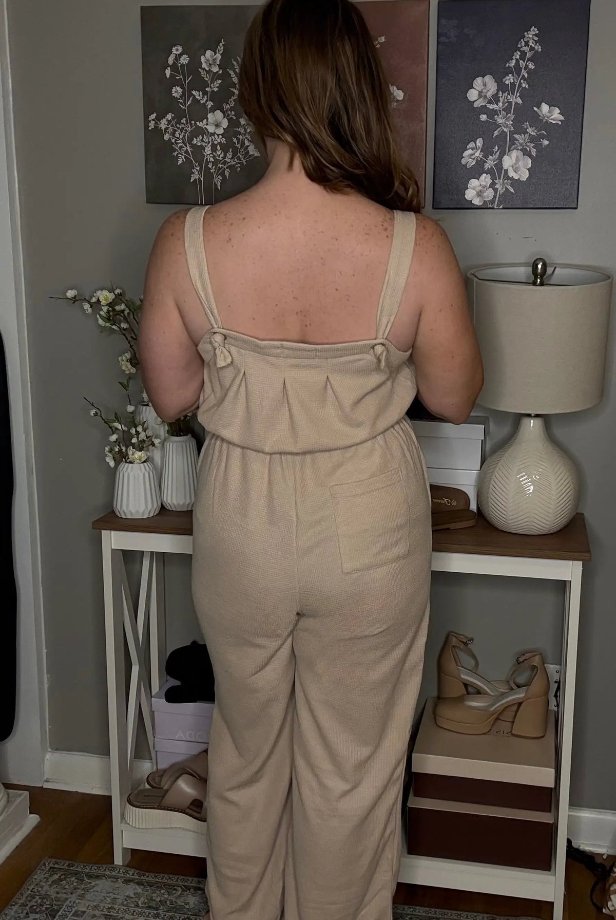 Grateful Threads Boutique Pale Khaki Knotted Strap Button Drawstring Jumpsuit – Casual Chic - One-Pieces Pale Khaki Knotted Straps Button Textured Drawstring Jumpsuit