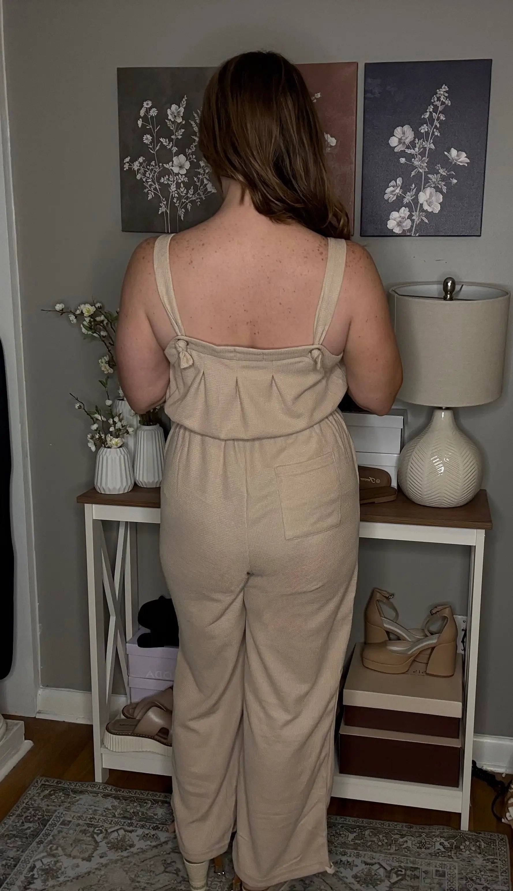 Grateful Threads Boutique Pale Khaki Knotted Strap Button Drawstring Jumpsuit – Casual Chic - One-Pieces Pale Khaki Knotted Straps Button Textured Drawstring Jumpsuit