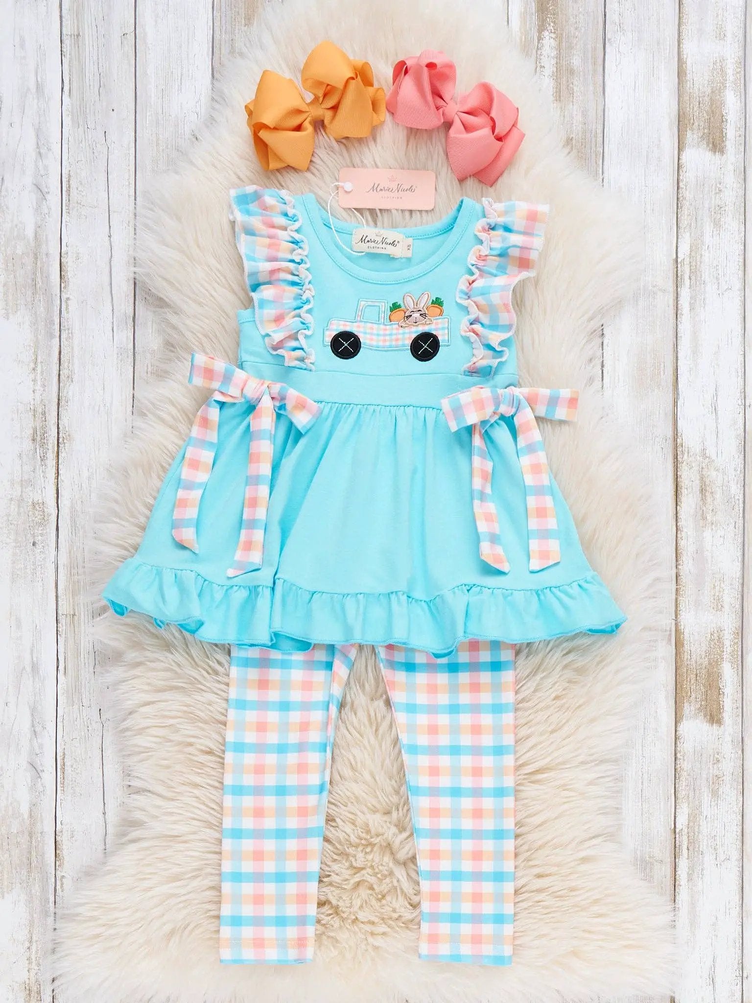 Marie Nicole Clothing Bunny Carrot Delivery Embroidered Ruffle Girl’s Set - Baby & Toddler Outfits