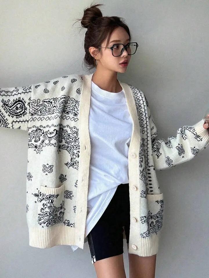 Grateful Threads Boutique Cream & Black Chunky Bandana Knit Oversized Cardigan - Cardigans