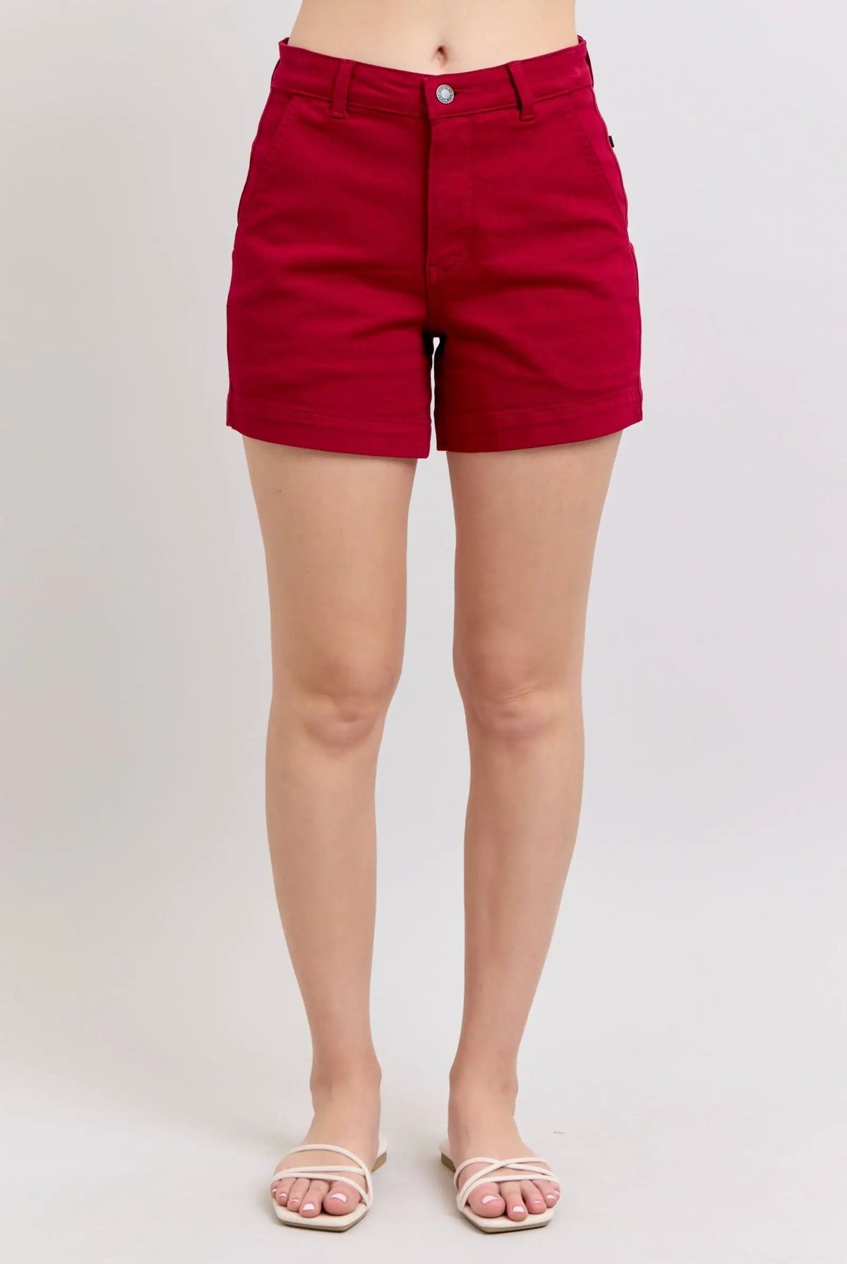 Judy Blue The Heart Pocket Scarlet Red Tummy Control Shorts - Shorts Judy Blue High Waisted Tummy Control Garment Dyed Heart Shaped Pocket Scarlet Trouser Shorts