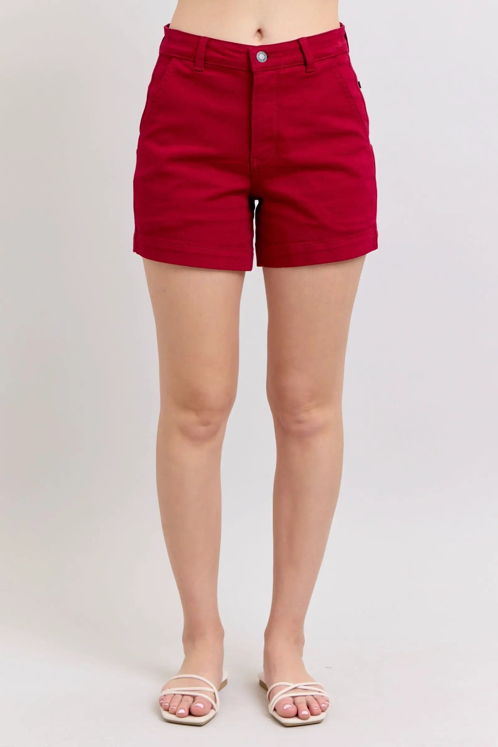 Judy Blue The Heart Pocket Scarlet Red Tummy Control Shorts - Shorts Judy Blue High Waisted Tummy Control Garment Dyed Heart Shaped Pocket Scarlet Trouser Shorts