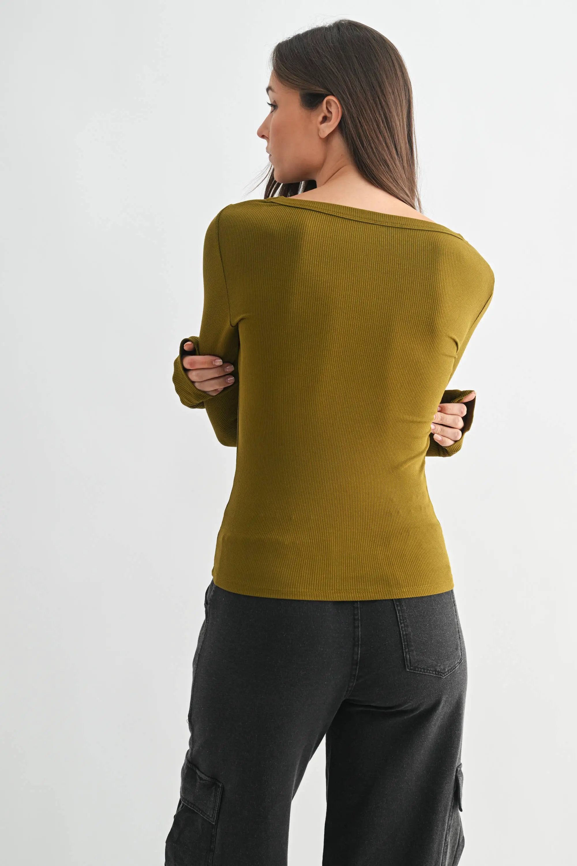 Mono B The Slim Fit Scoop Neck Micro-Ribbed Long Sleeve Top in Camo Green - Shirts Mono B - Slim Fit Scoop Neck Micro-Ribbed Long Sleeve Top