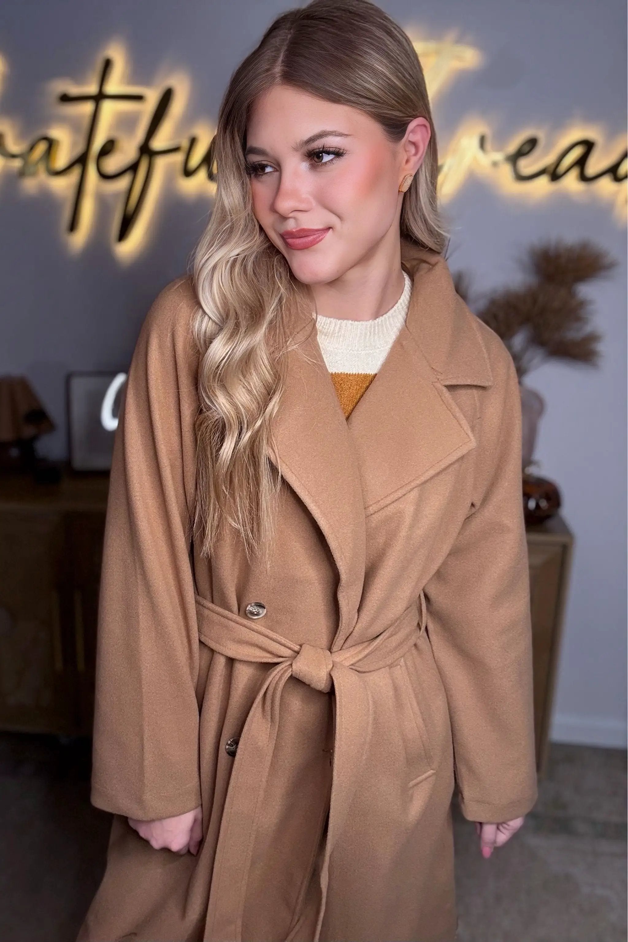 Active Basic | Active USA Active Basic | Active USA - Long Sleeve Double Breasted Button Soft Felt Trench Coat in Camel - Trench Coats Long Sleeve Double Breasted Button Soft Felt Trench Coat