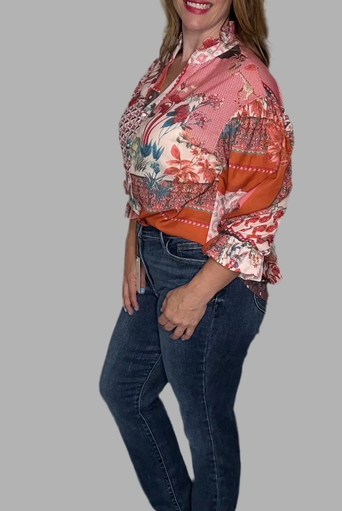 Grateful Threads Boutique Red Boho Bubble Sleeve Shirt - Shirts