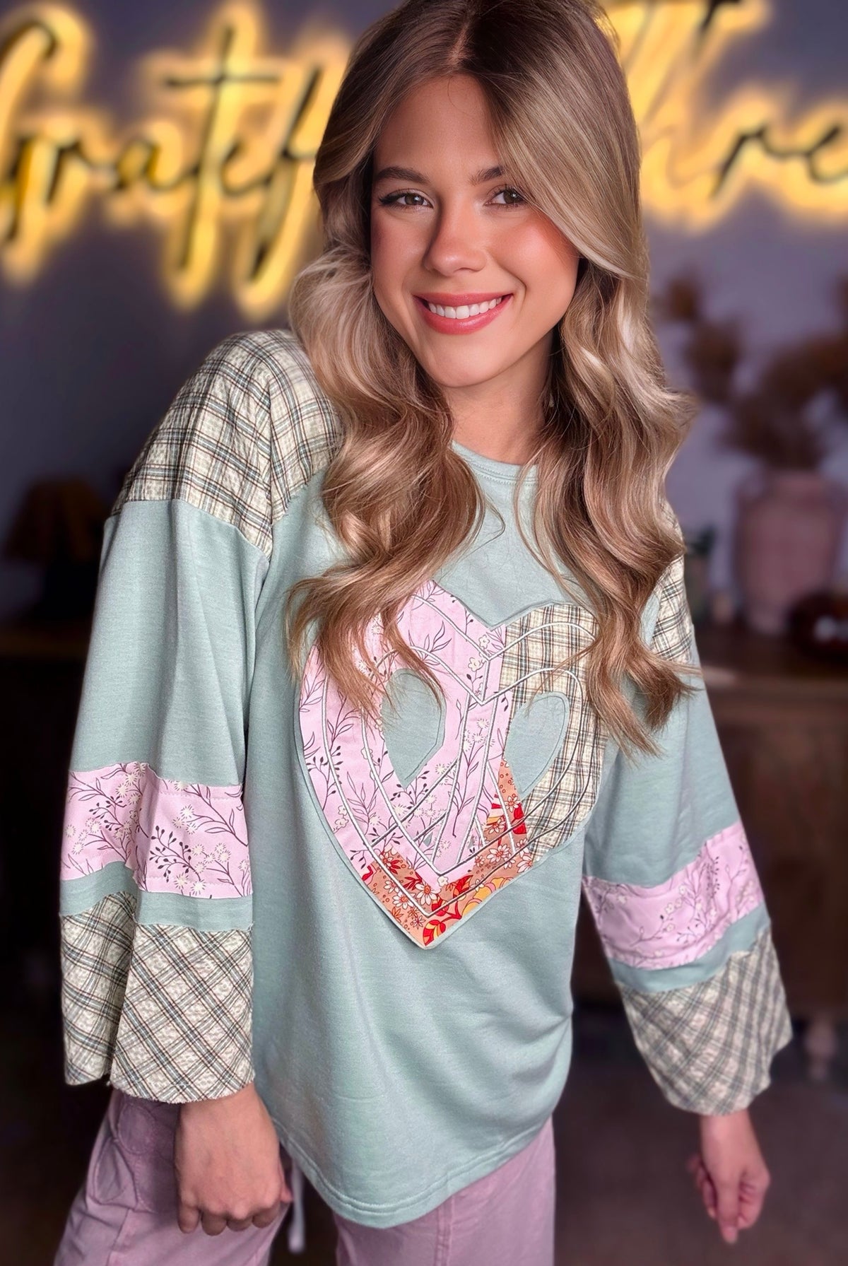 Grateful Threads Boutique Aqua Plaid Floral Peace Heart Graphic Wide Top - Blouses