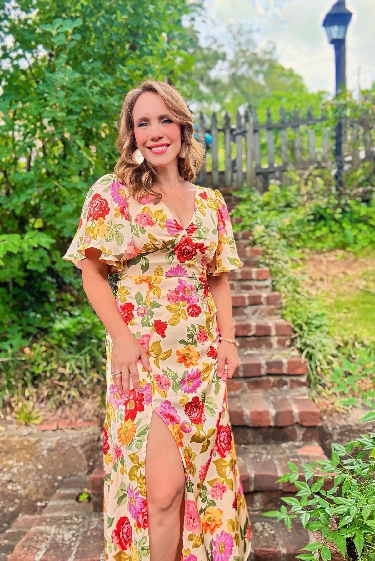 Grateful Threads Boutique Garden Party Escape Maxi Dress - Dresses vintage floral v neck short sleeve tie back long slit dress