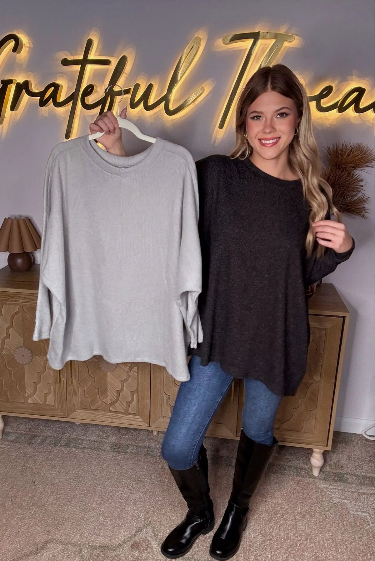 Cherish Flannel Dolman Long Sleeve Soft Sweater - Sweaters