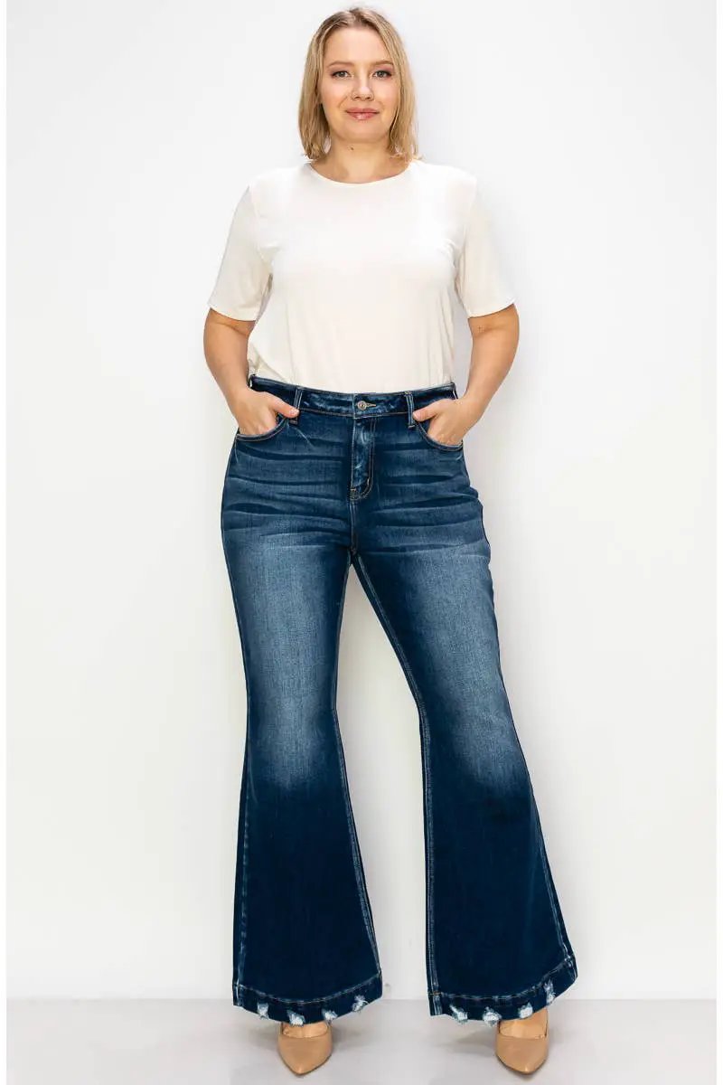 ARTEMIS VINTAGE Artemis Vintage Super Flare with Distressed Wide Hem Mid Rise Jeans PLUS - Jeans