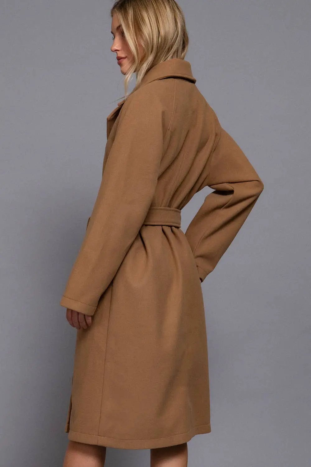 Active Basic | Active USA Active Basic | Active USA - Long Sleeve Double Breasted Button Soft Felt Trench Coat in Camel - Trench Coats Long Sleeve Double Breasted Button Soft Felt Trench Coat