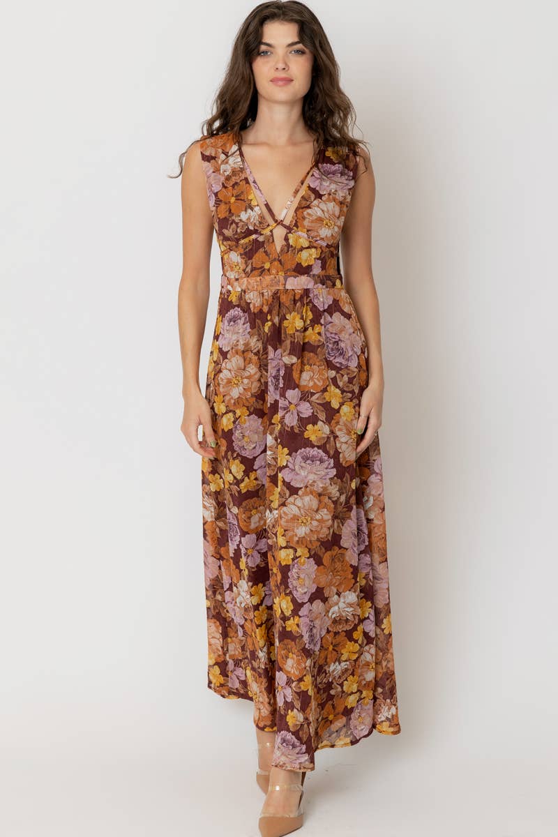 En Crème En Crème Brown Multi Floral Sleeveless V-Neck Maxi Dress - Dresses brown multi floral maxi dress