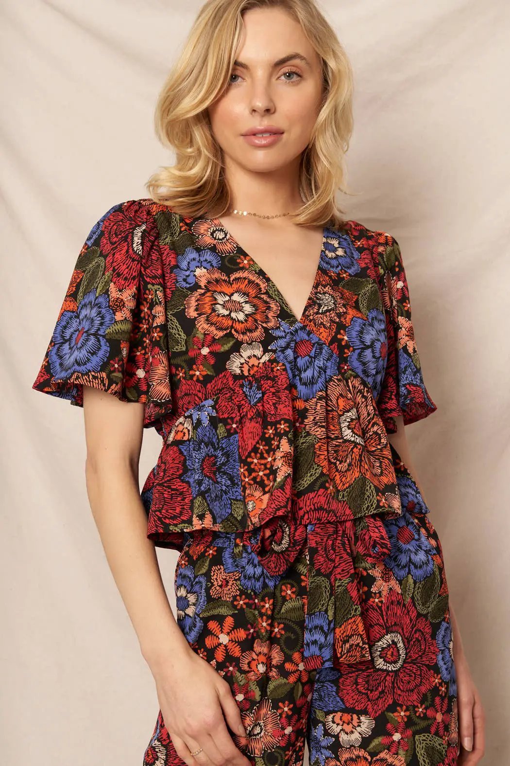 En Crème En Crème Black Multi Floral Print Flutter Sleeve V-Neck Top - Blouses