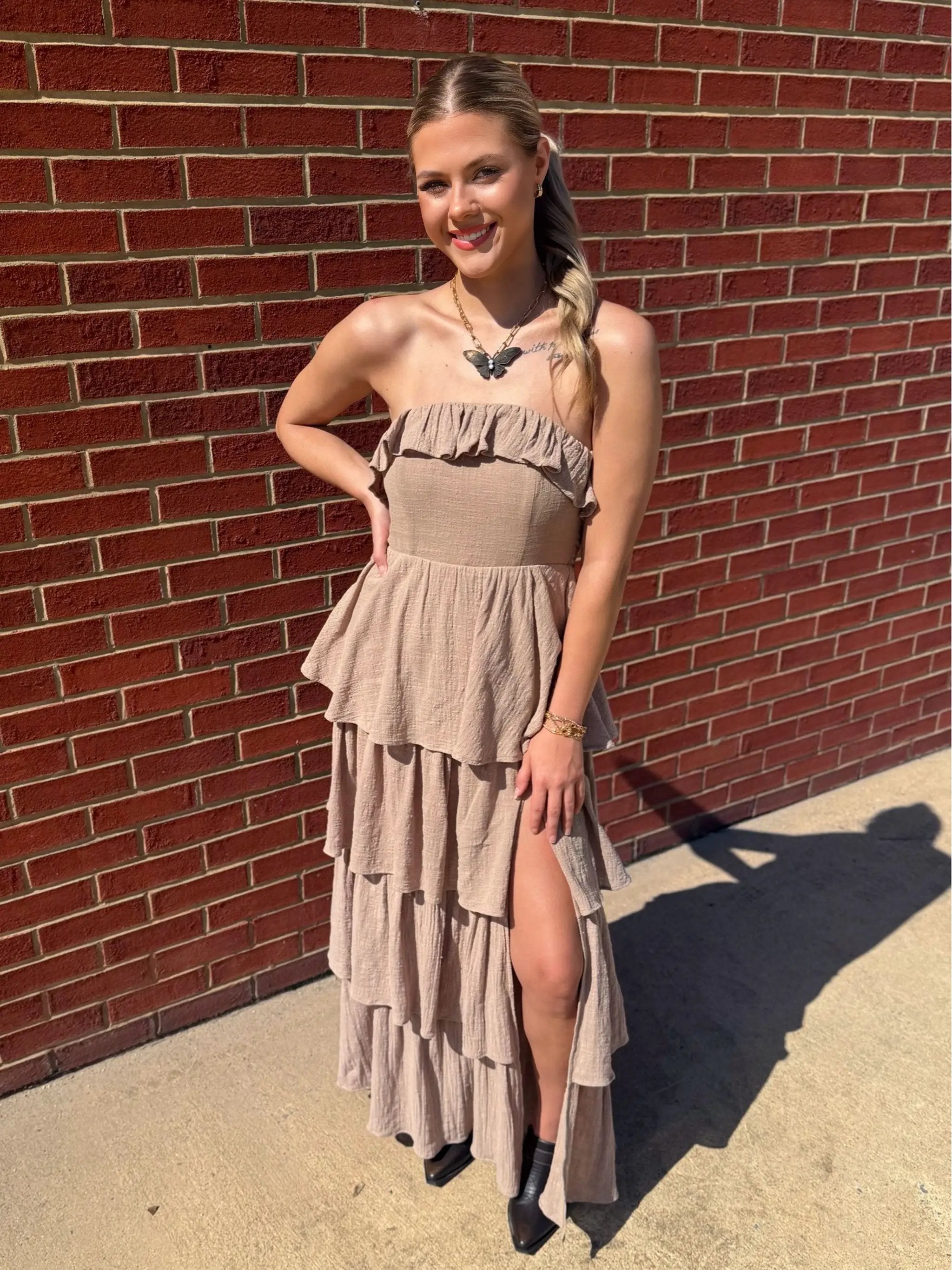 Promesa USA Sand Textured Cotton Strapless Tiered Ruffle Maxi Dress - Dresses Promesa USA Sand Textured Cotton Strapless Tiered Ruffle Maxi Dress