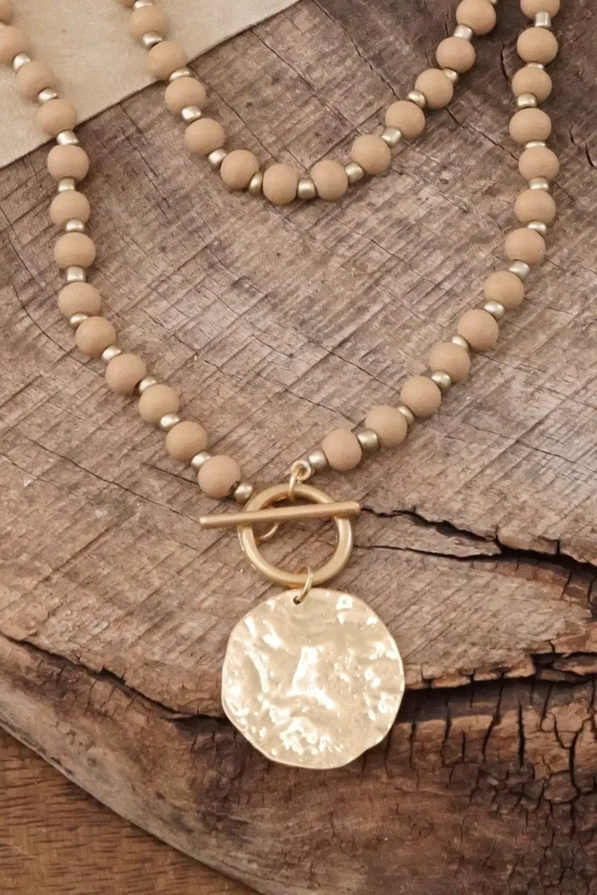 PennyLine inc PennyLine inc - Multi Strand Wooden Beads Short Coin Necklace in Neutral and - Necklaces multi strand wooden beads short coin necklace