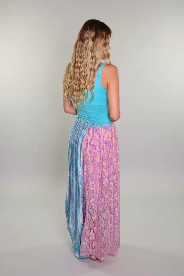 Mystree Mystree Mixed Media Midi Skirt: Teal/Lavender - Skirts