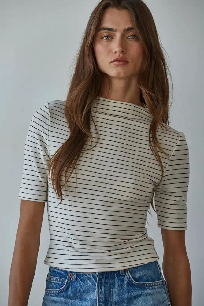 By Together Knit Mock Neck Short Sleeve Top in Cream with Black Stripe - Blouses