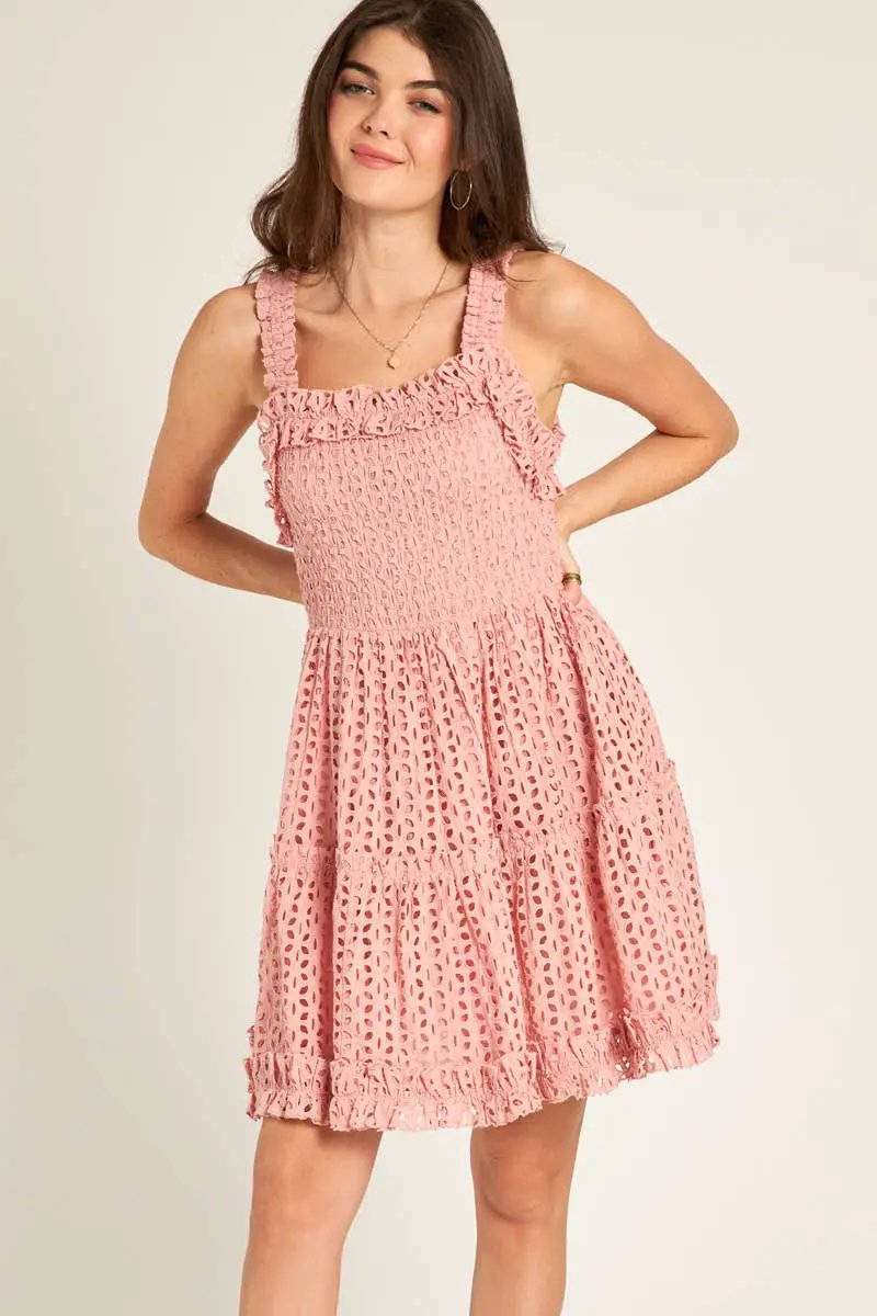 En Crème En Crème Sleeveless Square Neck Eyelet Mini Dress - Dresses
